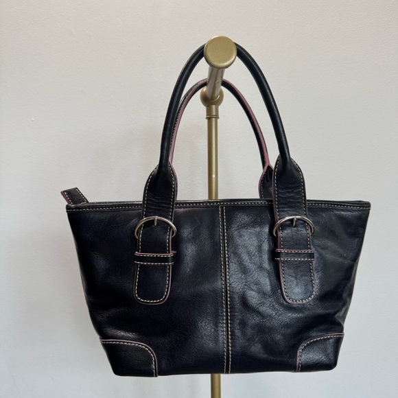 Nordstrom Black Leather‎ Pink Stitching Double Handle Small Handbag Purse Mod - Picture 1 of 9